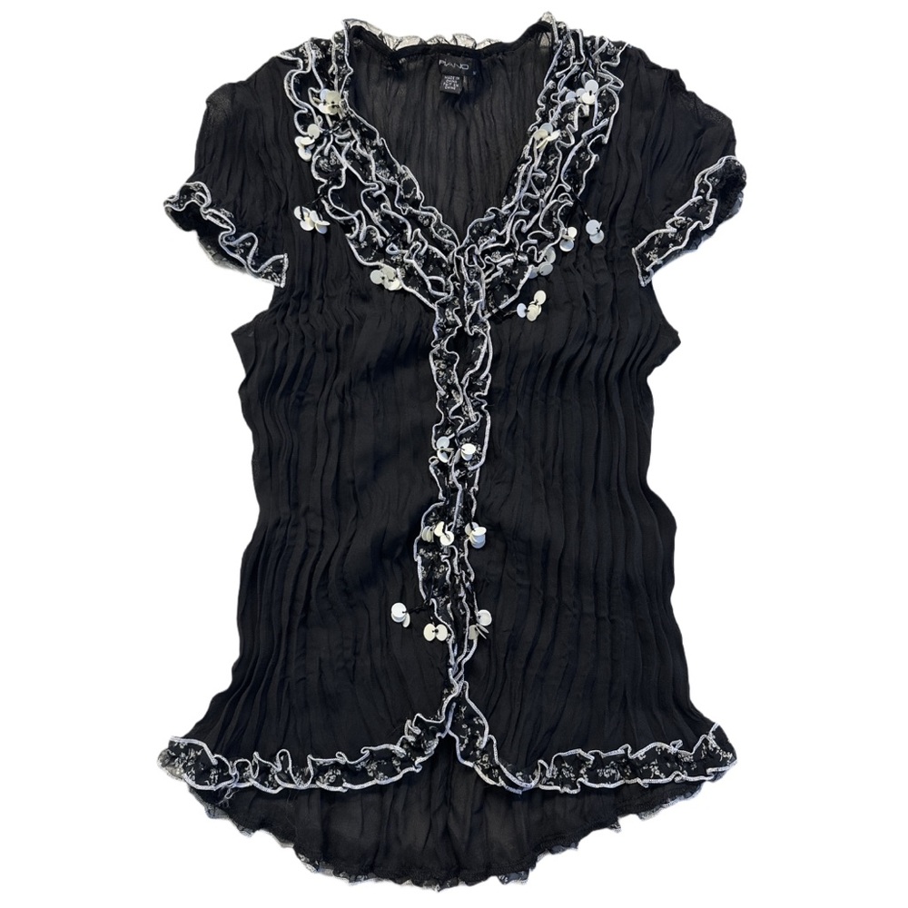 Y2K PIANO women's b&w ruffled blouse with floral + sequin details, M.